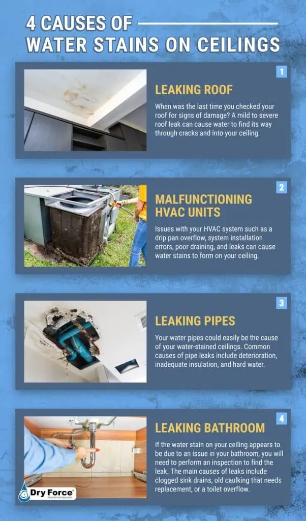 4 Causes of Water Stains On Your Ceiling and Ways to Respond - DryForce Restoration 4 Causes of Water Stains On Ceilings Infographic