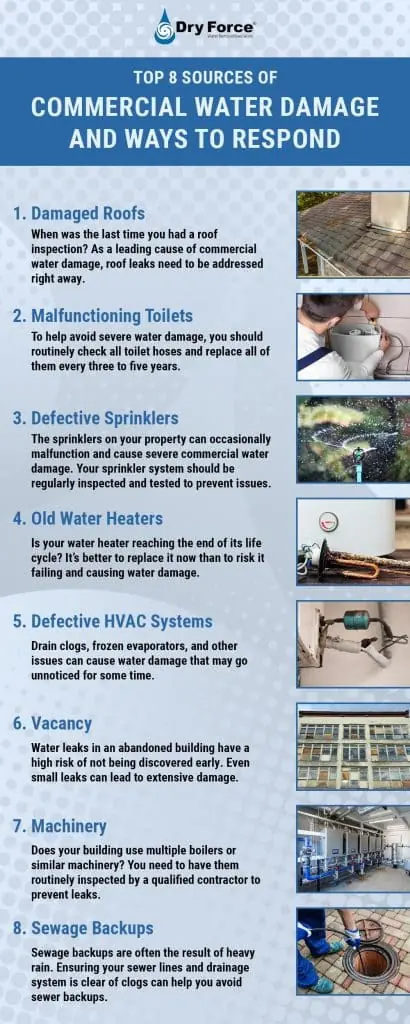 Top 8 Sources of Commercial Water Damage and Ways to Respond - DryForce Restoration Top 8 Sources of Commercial Water Damage Infographic