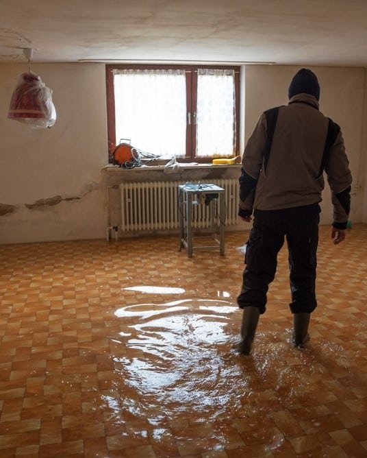 Person standing with boots in the middle of a flooded basement