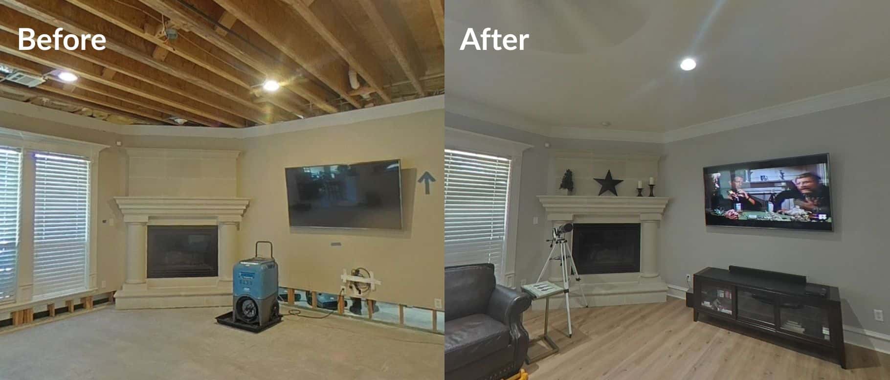 Before and After water damage restoration project