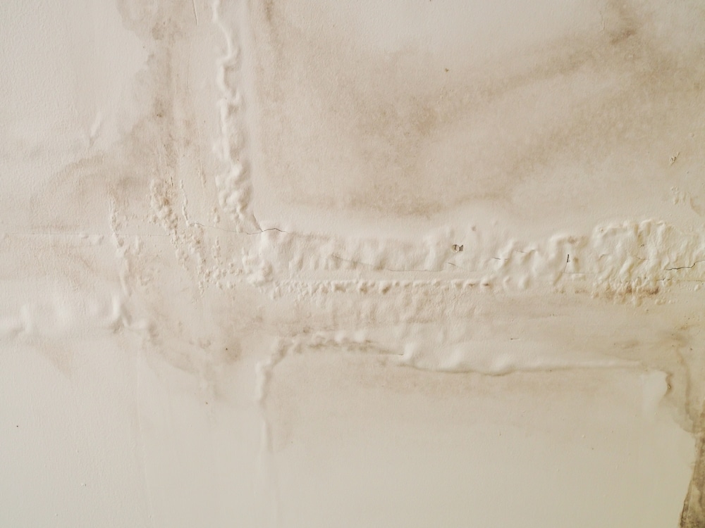 Dirty water stains and bubble forming in drywall